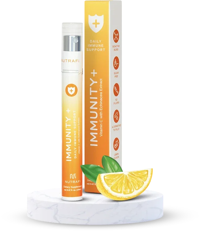 Immune support supplement tube with lemon slice and green leaves in front of a box, placed on a white marble surface.