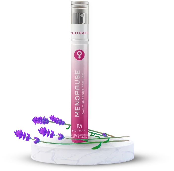 A pink and white dietary supplement spray bottle labeled "Menopause" with lavender flowers around it on a white marble surface.