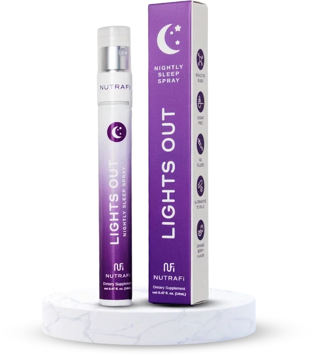 A purple and white bottle of NutraFi Lights Out Nightly Sleep Spray next to its matching packaging box, both placed on a white marble surface.