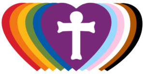 Logo for Reconciling in Christ. A purple heart in the center containing a white cross. There are five more hearts stacked under the center one on each side, the colors of which represent the Pride and Progress Pride flags.