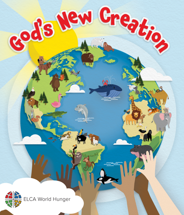 The logo for God's New Creation, a Vacation Bible School program from ELCA World Hunger. An image of the world being held up by hands of different skin tones. On different parts of the globe, there are animals native to the area.
