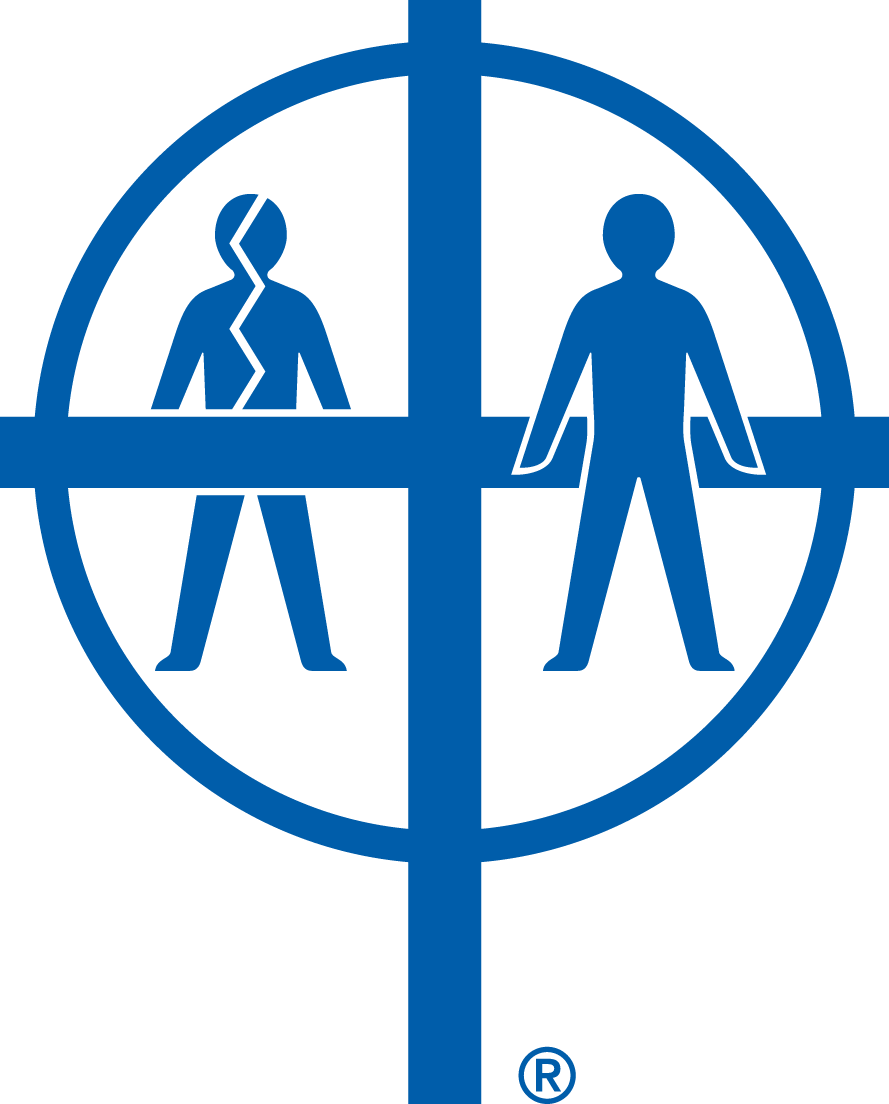 Stephen Ministry logo. A cross has a circle around it. Inside the circle, there is an outline of a person at each arm of the cross. The person on the left has a jagged line through them, suggesting that they are broken.