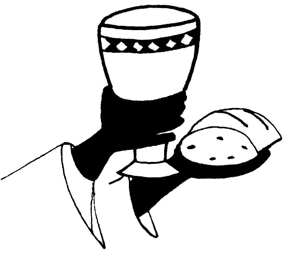 two hands holding a cup of wine and a loaf of bread