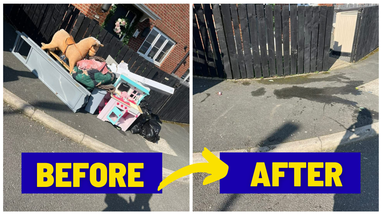 Side-by-side comparison of a street corner with discarded garbage before and after cleanup: the left image shows a pile of trash, including a stuffed animal and household items; the right image shows the same area cleaned with no debris.