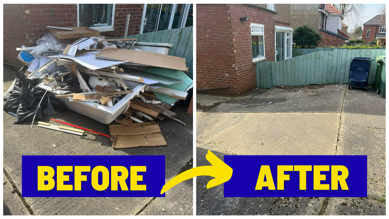 Side-by-side comparison of a cluttered outdoor area filled with trash, debris, and discarded building materials on the left labeled 'Before,' and a clean, empty outdoor space on the right labeled 'After'.