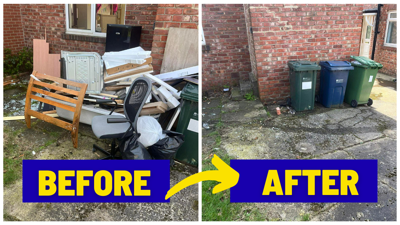 Side-by-side comparison of a cluttered outdoor area filled with discarded furniture, boxes, and debris in the 'before' image, and a clean, swept area with garbage bins in the 'after' image.