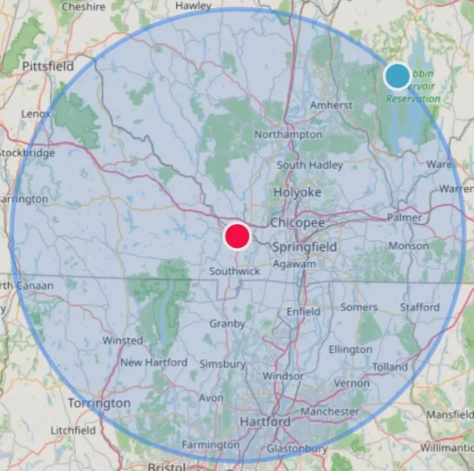 Tile installation service area map for Western Massachusetts, including Westfield, Springfield, Chicopee, Holyoke, Northampton, Greenfield, Agawam, West Springfield, Easthampton, Southwick, Granville, Russell, Montgomery, Southampton, and nearby town