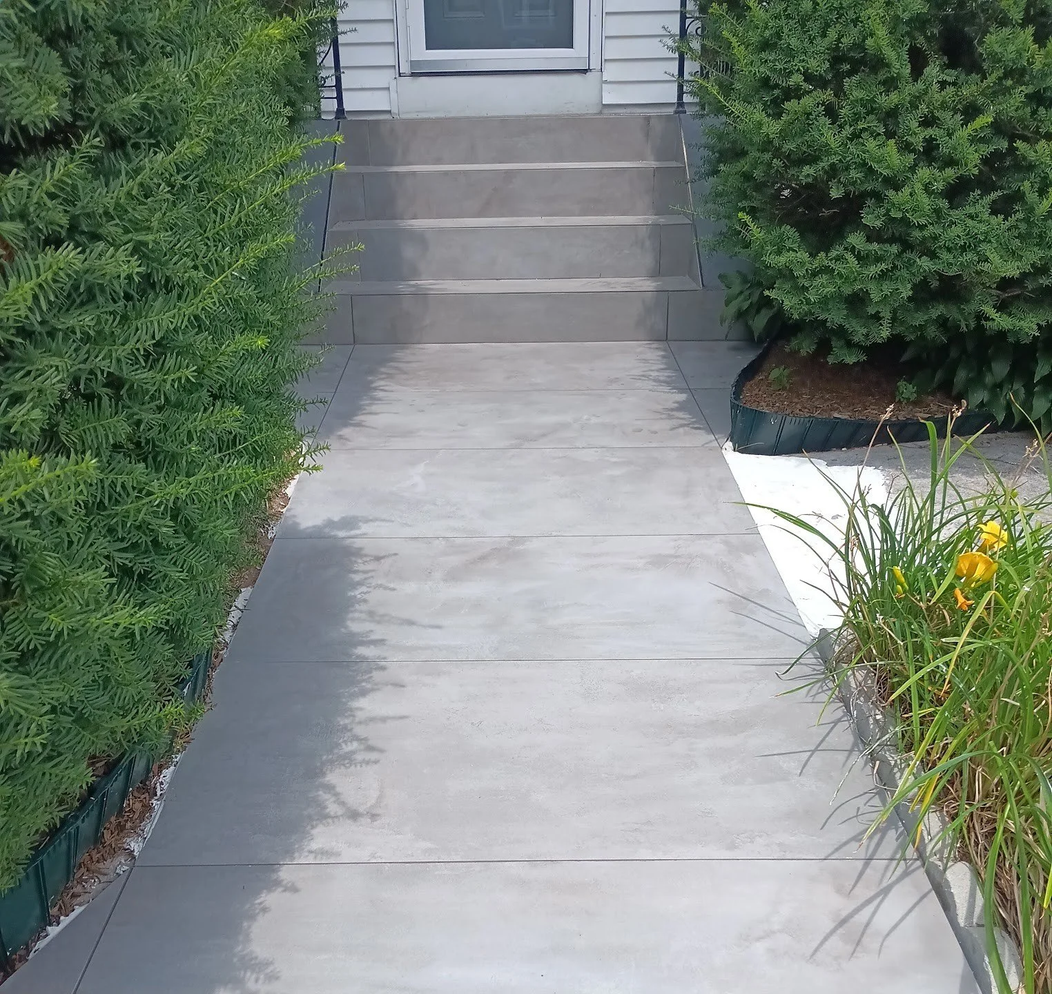 Concrete porch with stairs leading up to a door, flanked by green shrubbery on the left and right, with yellow flowers in a pot on the right.