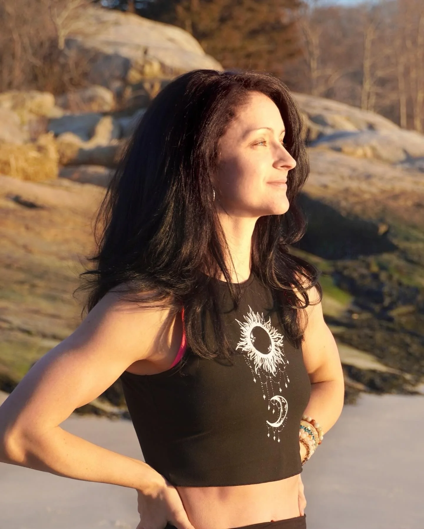 A woman gazing into the distance.