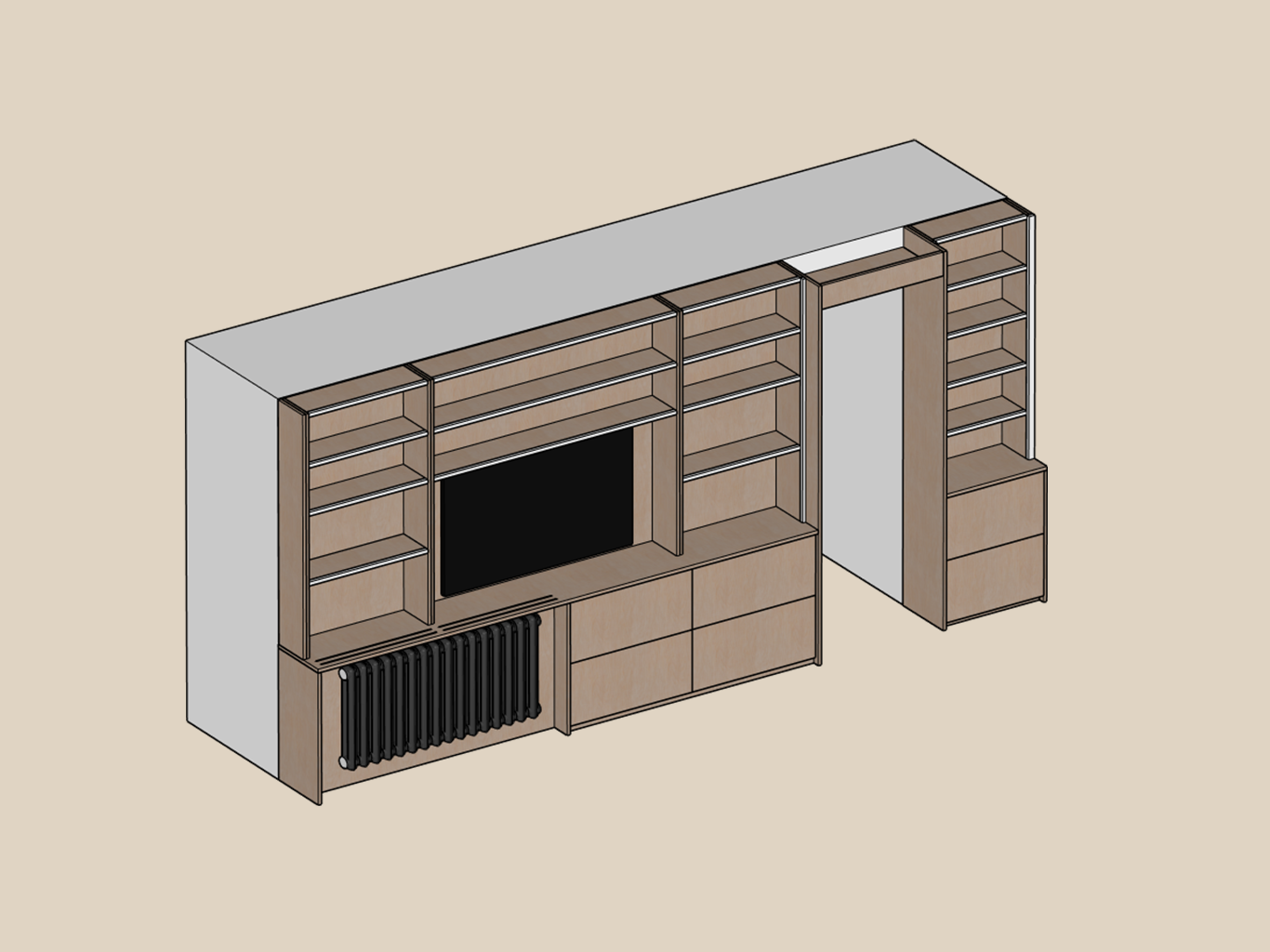 Visualisation 3D d'une grande bibliothèque en chêne conçue par Atelier Set