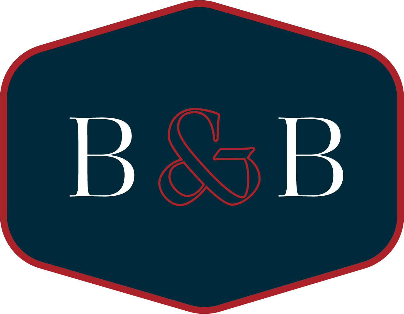 Logo with a navy blue background, a red border, and white and red letters reading 'B & B'.