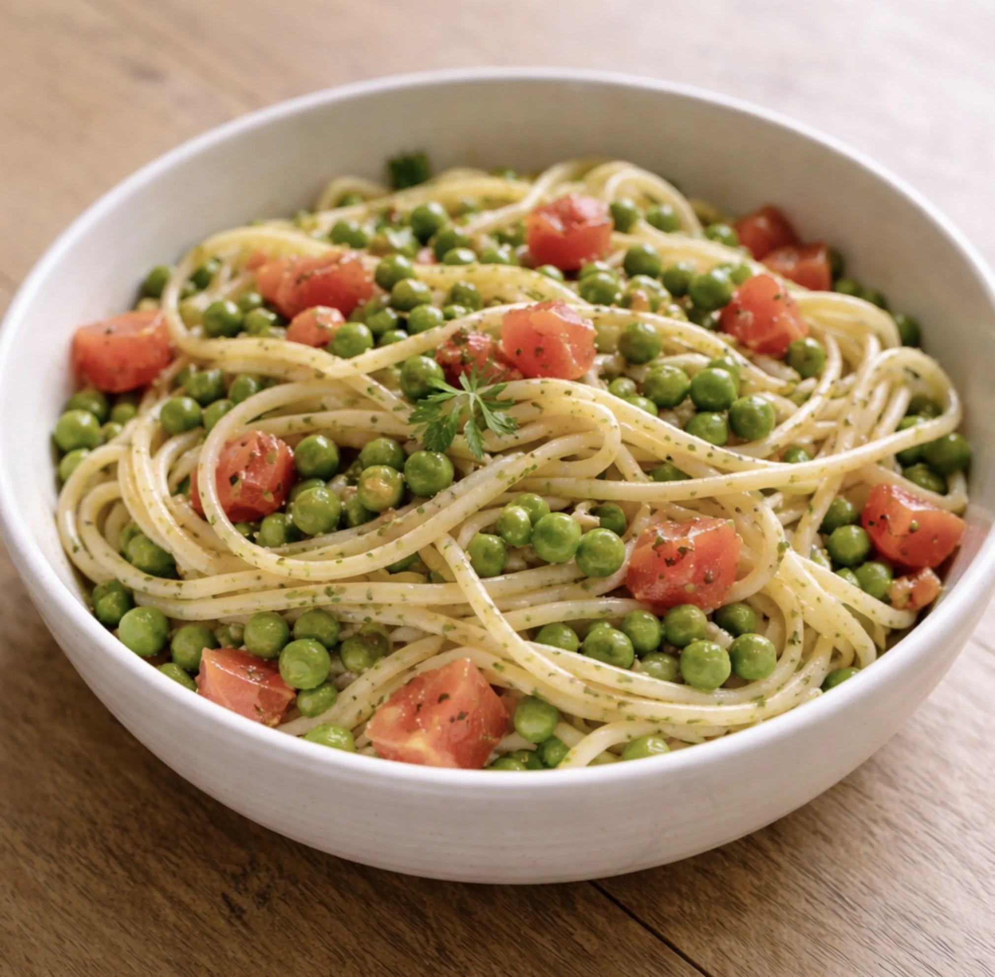 Sweet Peas &amp; Tomatoes Over Pasta