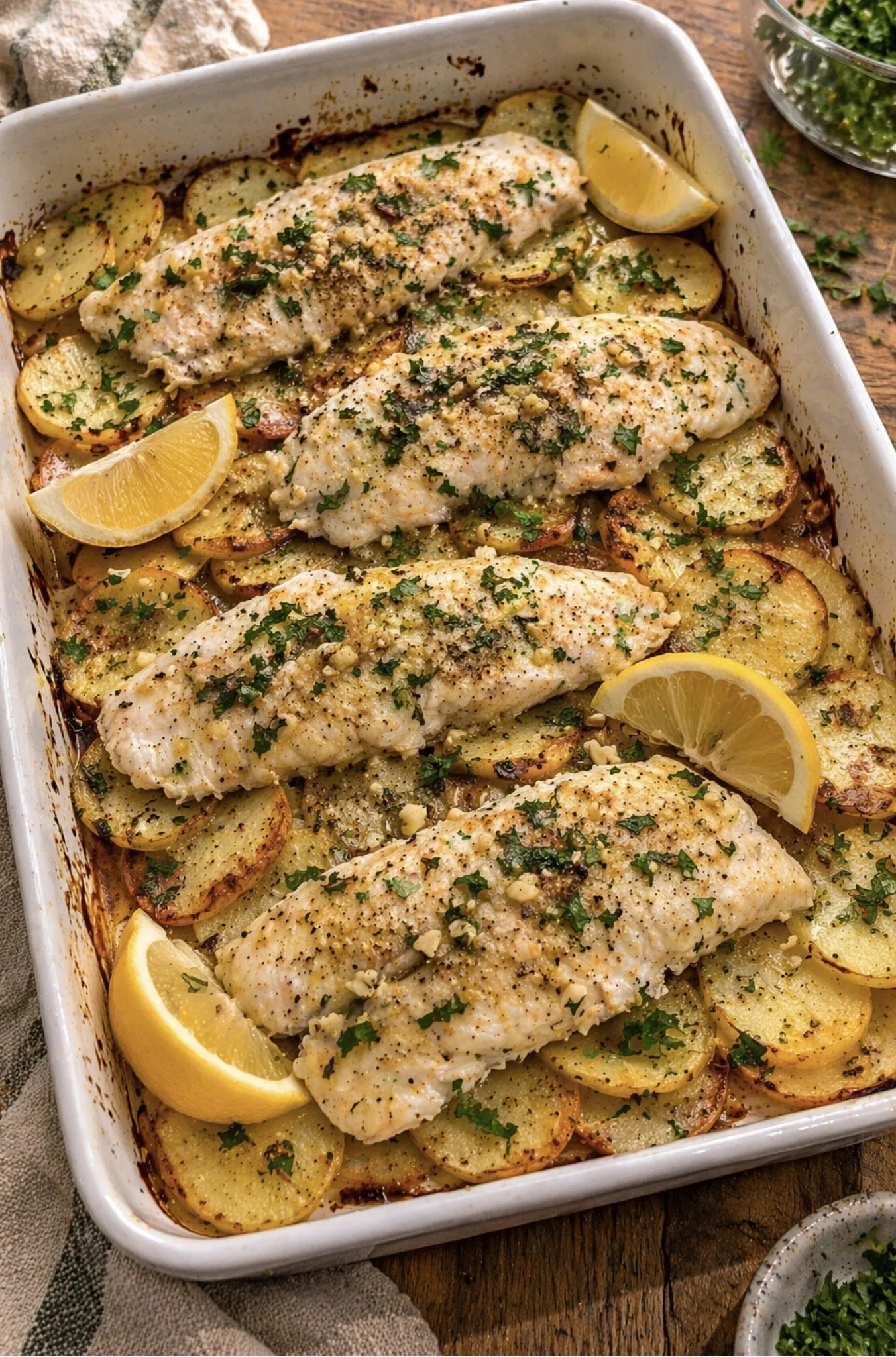 Baked Flounder (or Sole) with Potatoes, Garlic and Olive Oil