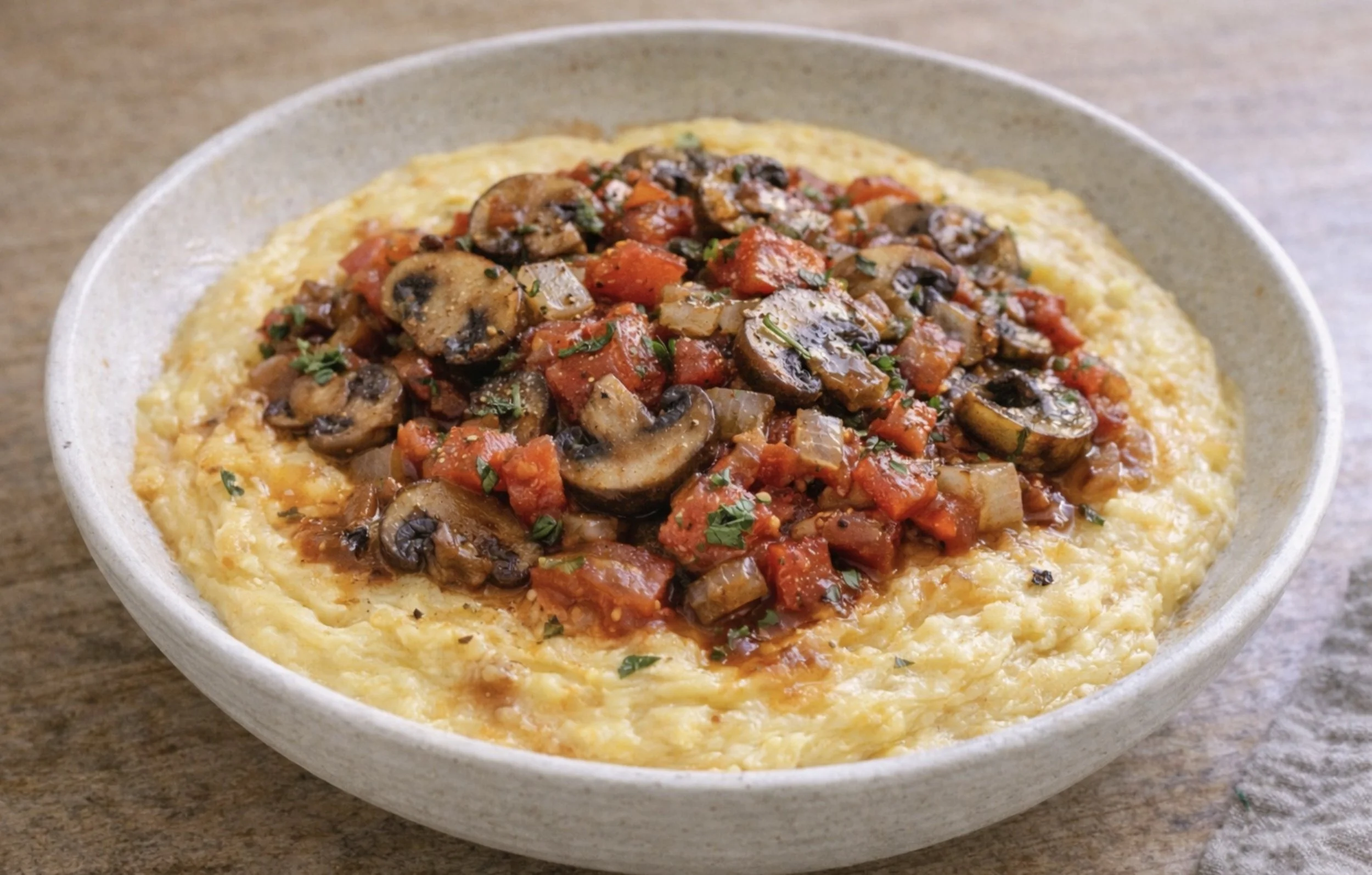 Creamy Polenta with Mushrooms, Tomatoes &amp; Onion