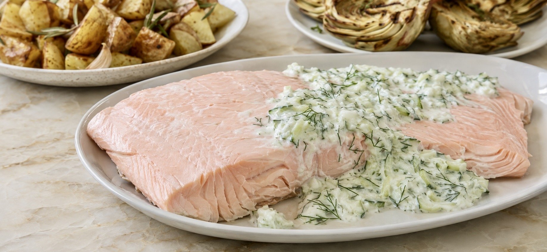 Chilled Lemon-Herb Salmon with Cucumber Yogurt Sauce