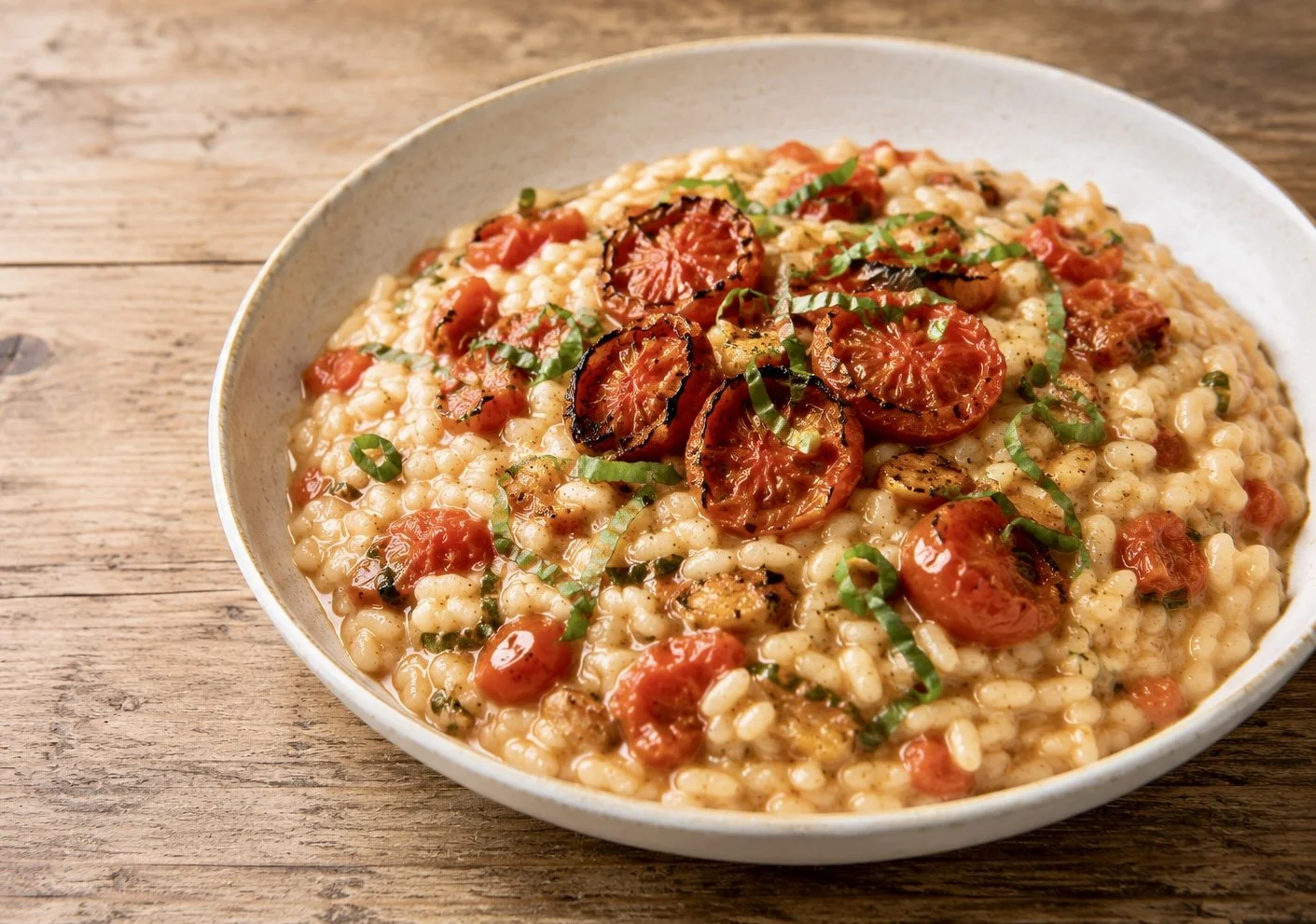 Creamy Tomato Risotto with Roasted Garlic and Basil