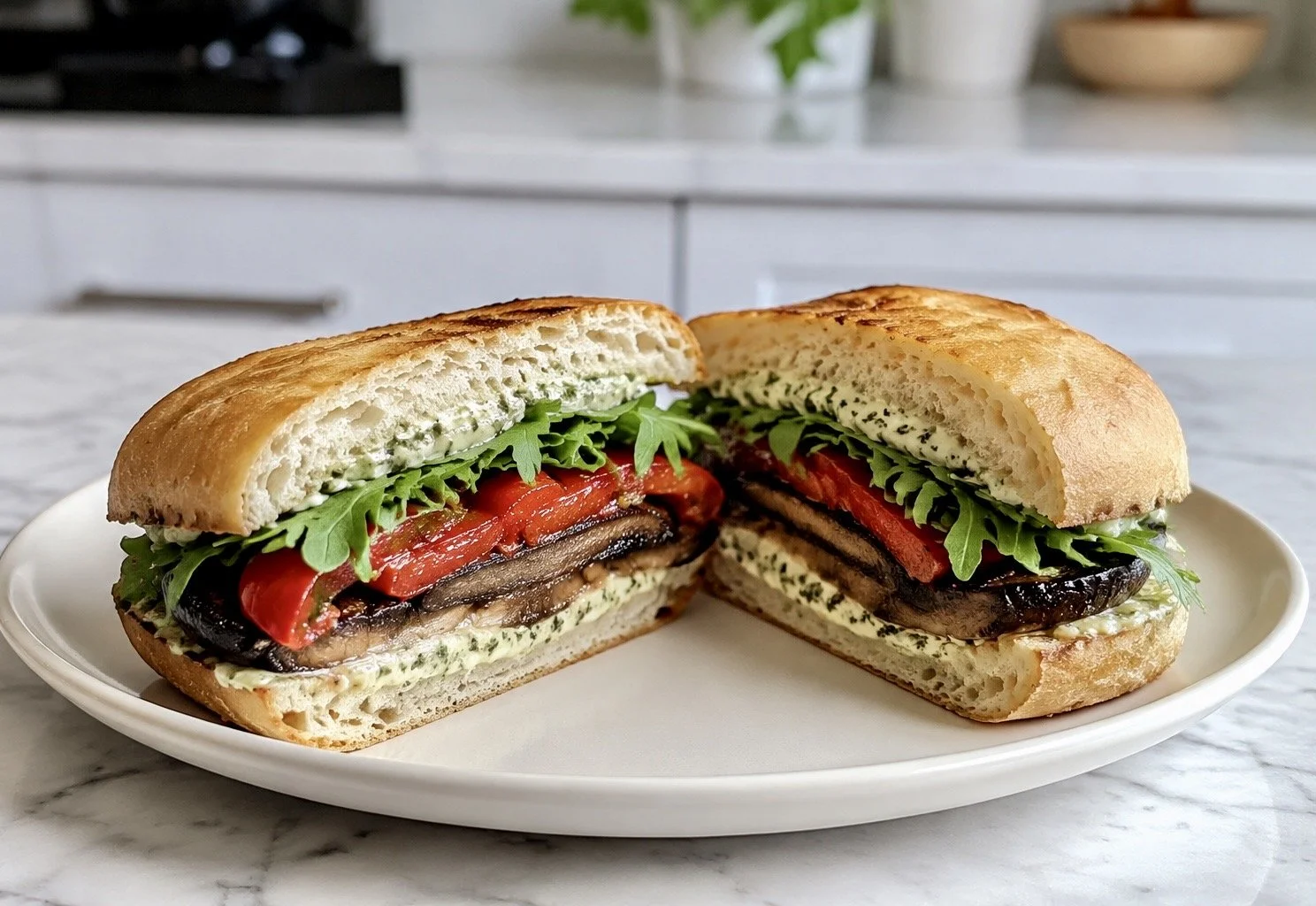Grilled Portobello Sandwich with Roasted Red Pepper and Basil