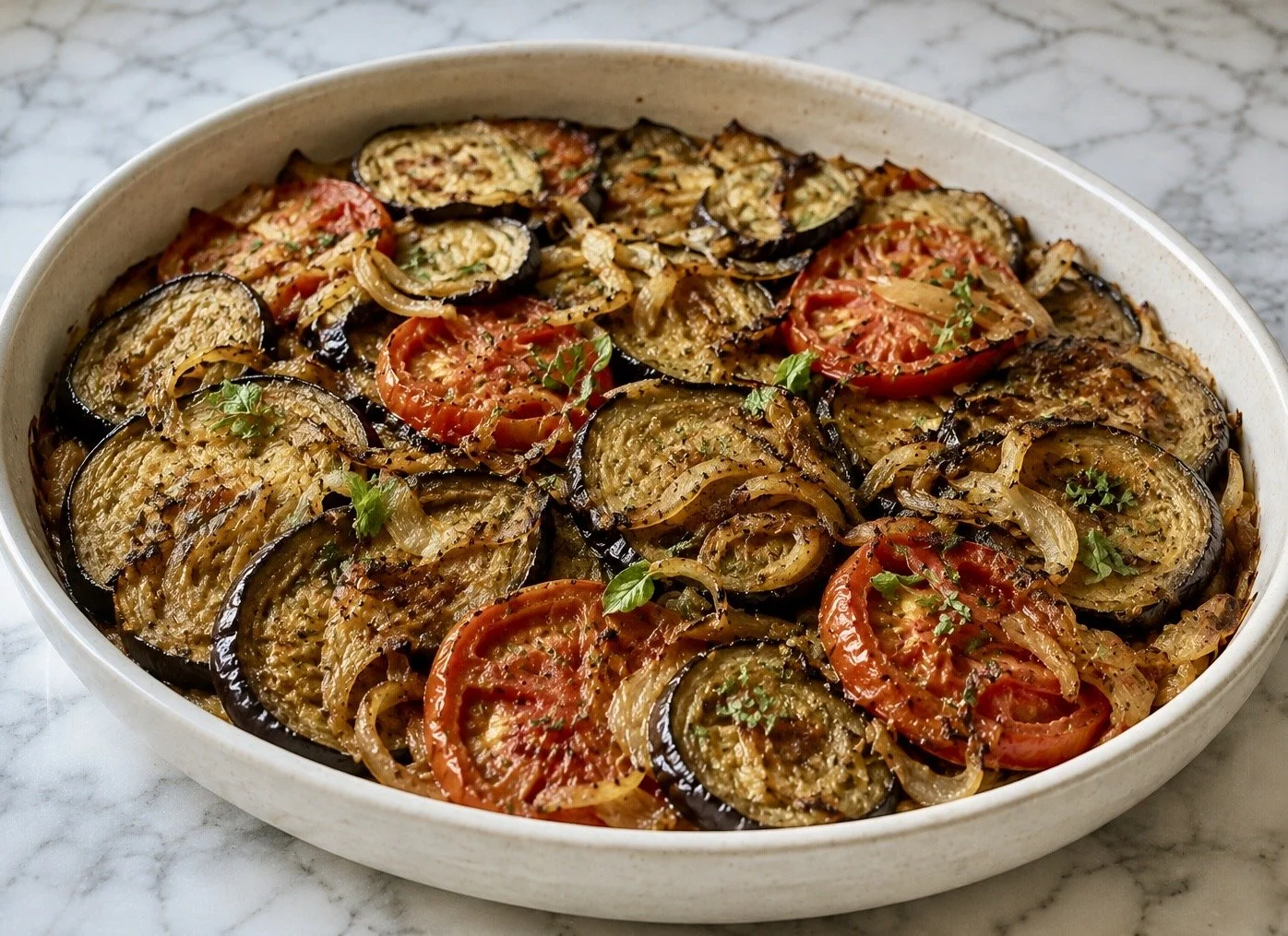 Roasted Eggplant with Tomatoes and Caramelized Onions