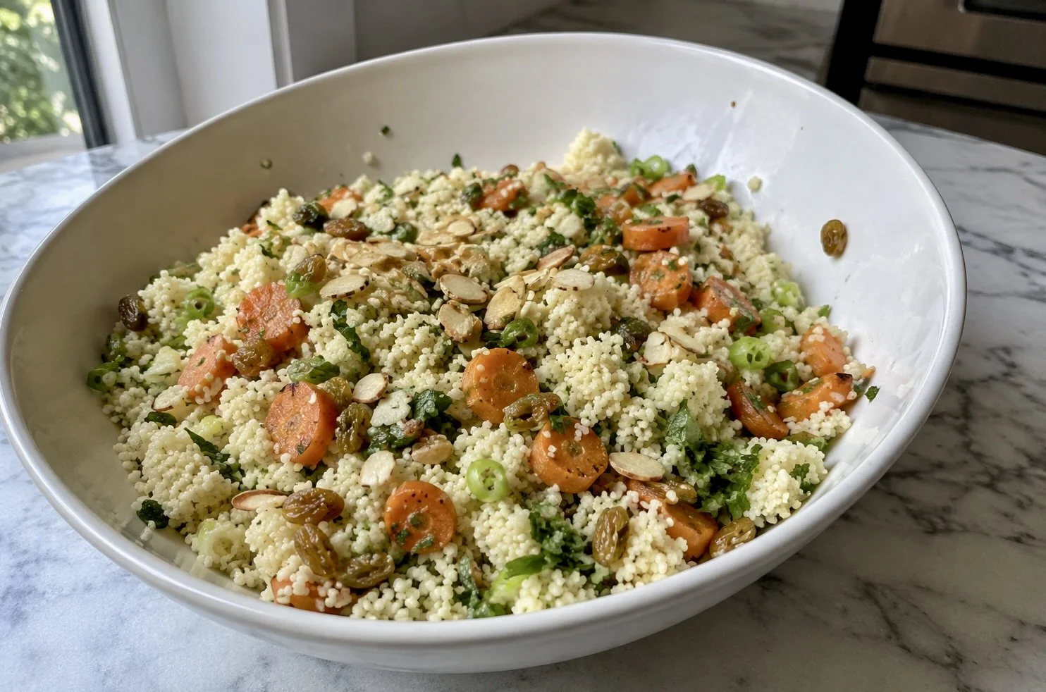 Golden Couscous Salad with Roasted Carrots, Raisins and Fresh Herbs