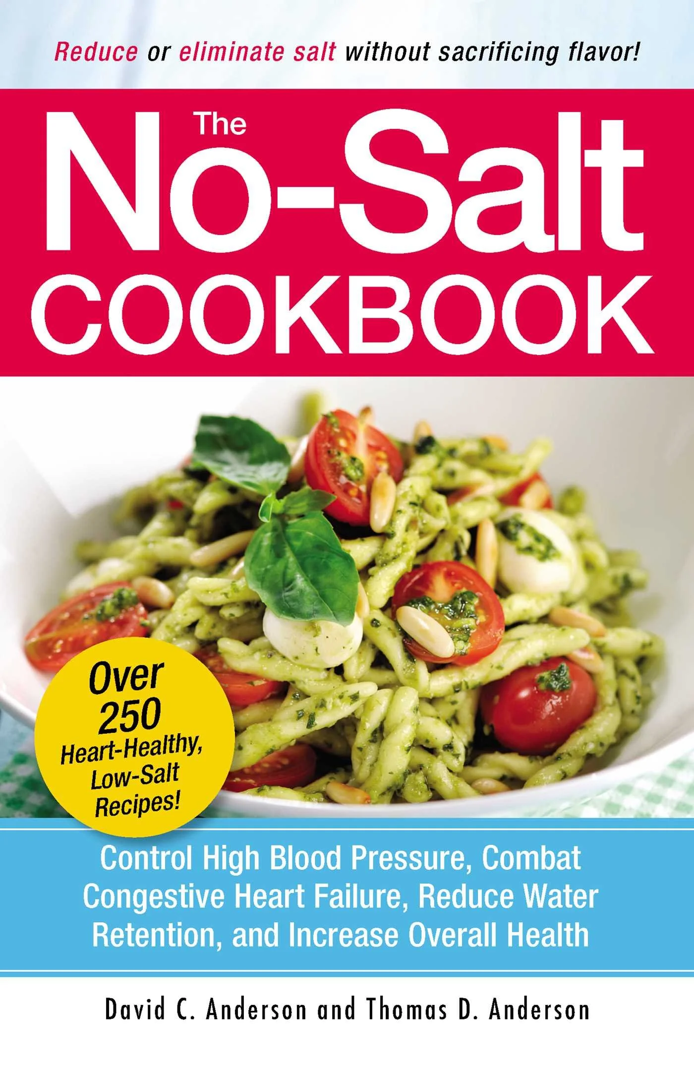 The No-Salt Cookbook cover featuring a bowl of pesto pasta with tomatoes