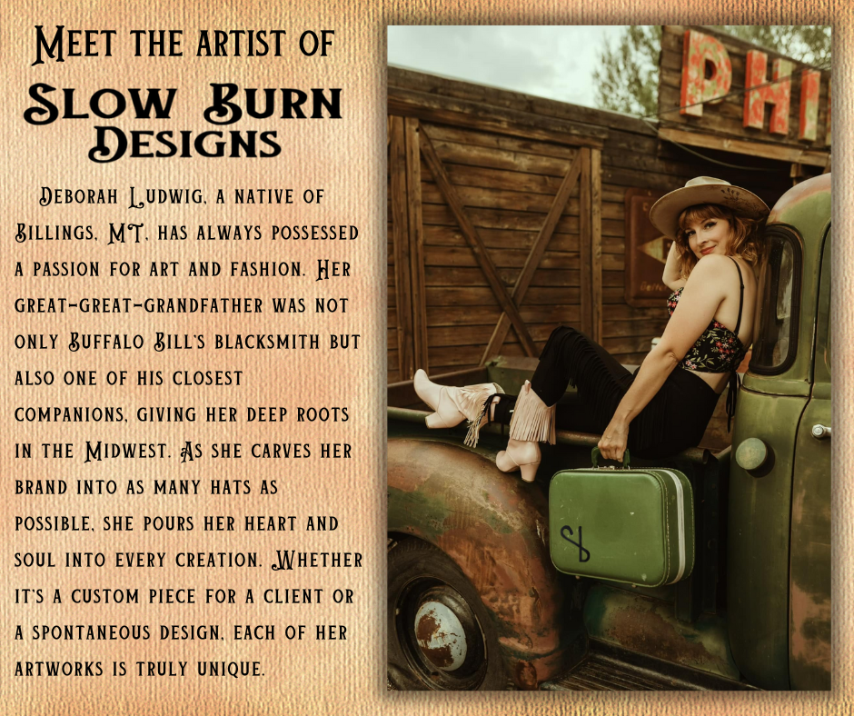 An advertisement introduces Deborah Ludwig, an artist of Slow Burn Designs, with a photo of her sitting on a vintage truck, wearing a floral top in a rural setting with wooden structures and a sign reading "PHI" in the background.