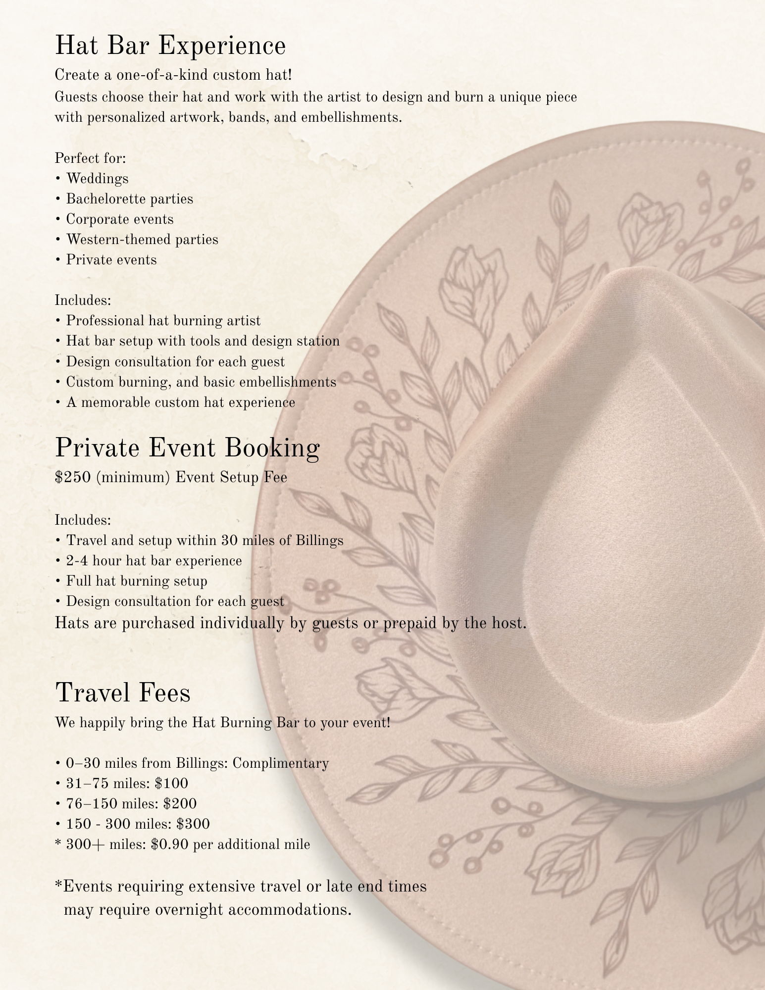 A flyer for a Hat Bar Experience, offering custom hat creation with professional artists, design consultations, and embellishments. It details private event booking options, travel fees, and the process of creating personalized hats for occasions like weddings and parties.