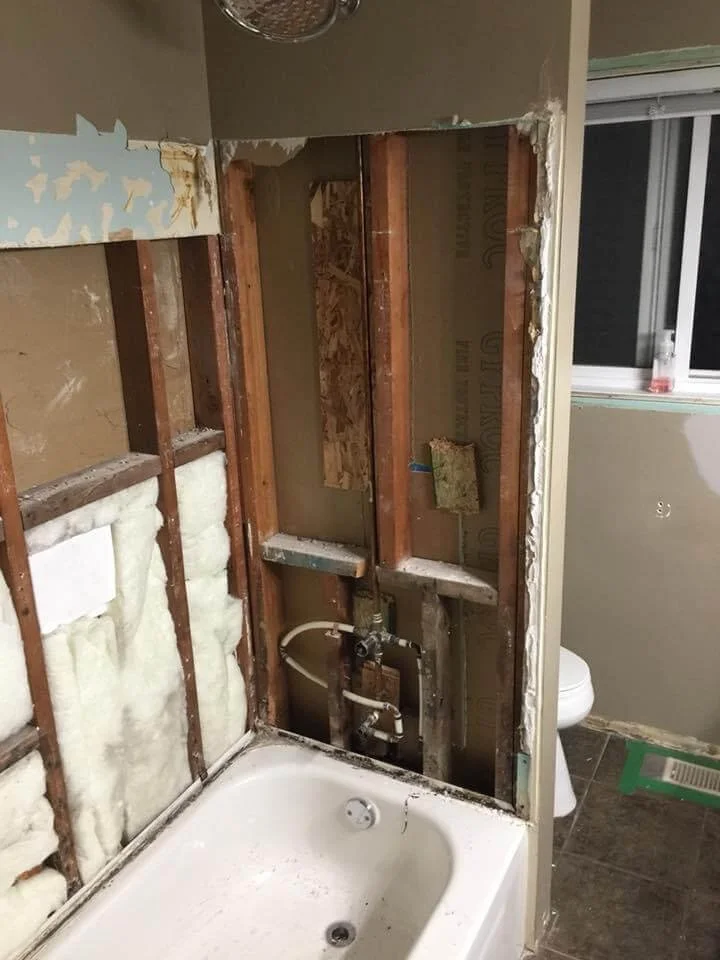 In-progress bathroom plumbing renovation showing PEX pipe installation and updated drainage systems.
