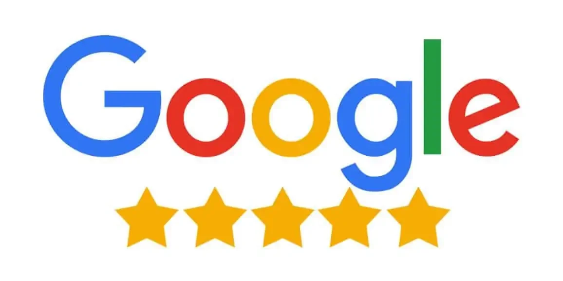 Google logo with five gold stars beneath it, indicating five-star rating.