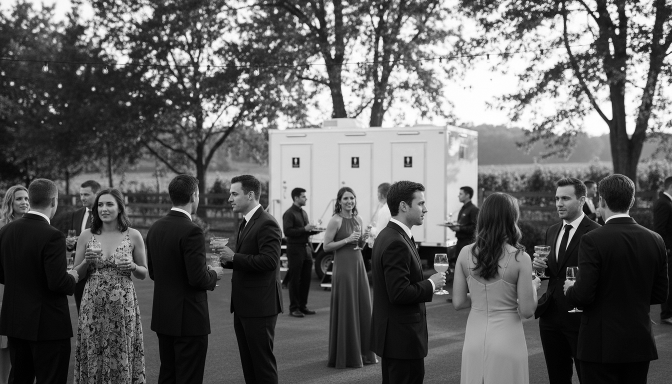 Black and white photo of people in formal attire at an outdoor event, holding drinks and engaging in conversation