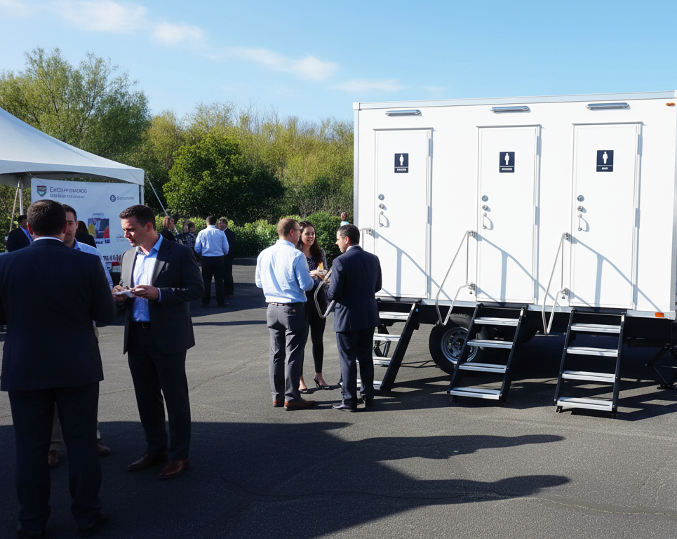 Group of business professionals talking outside a white mobile restroom trailer at an outdoor event on a sunny day.