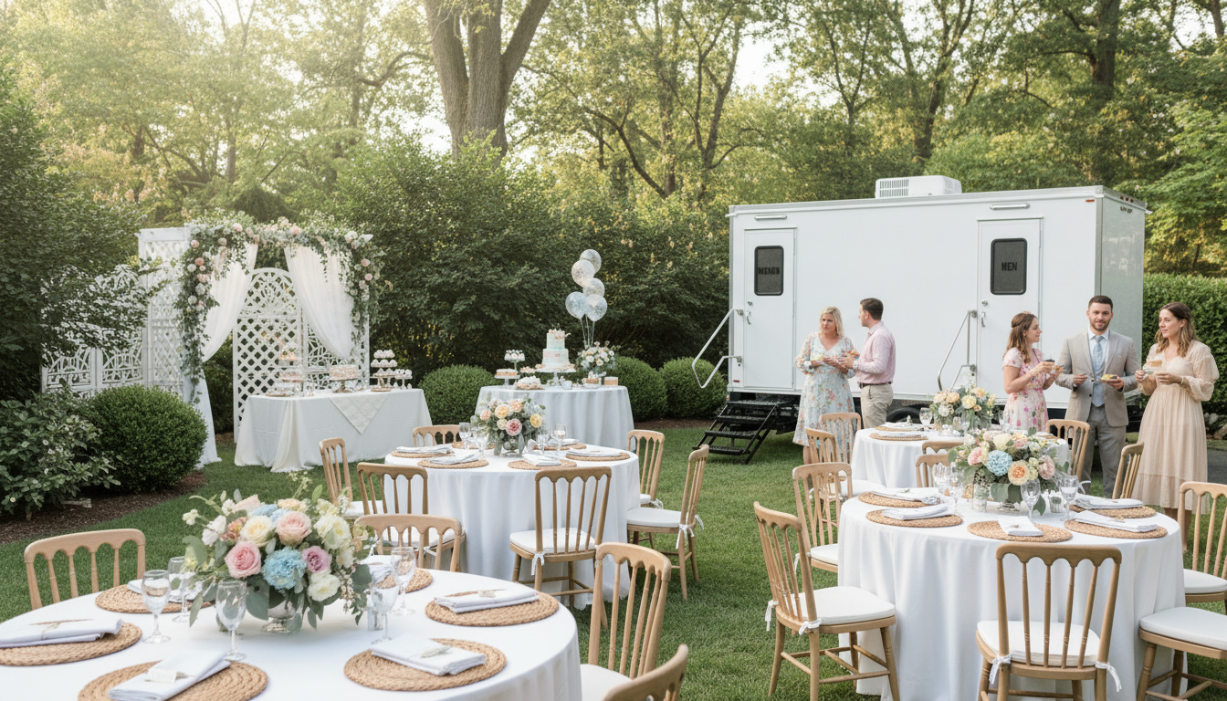 Luxury restroom trailer set up at an outdoor wedding near Owensboro Kentucky serving Evansville Indiana and surrounding areas