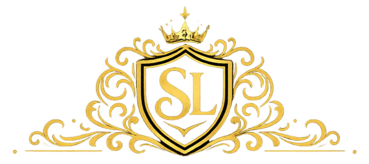 A decorative gold and black crest with a shield, crowned, featuring the letters 'SL' in red and yellow.