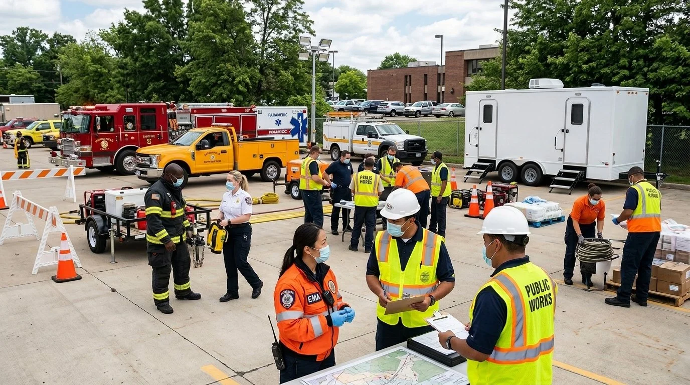 Field medical testing setup in a desert with white tents, mobile labs, and service vehicles, with military personnel and technicians, in a sunny dry landscape with cacti and mountains in the background.