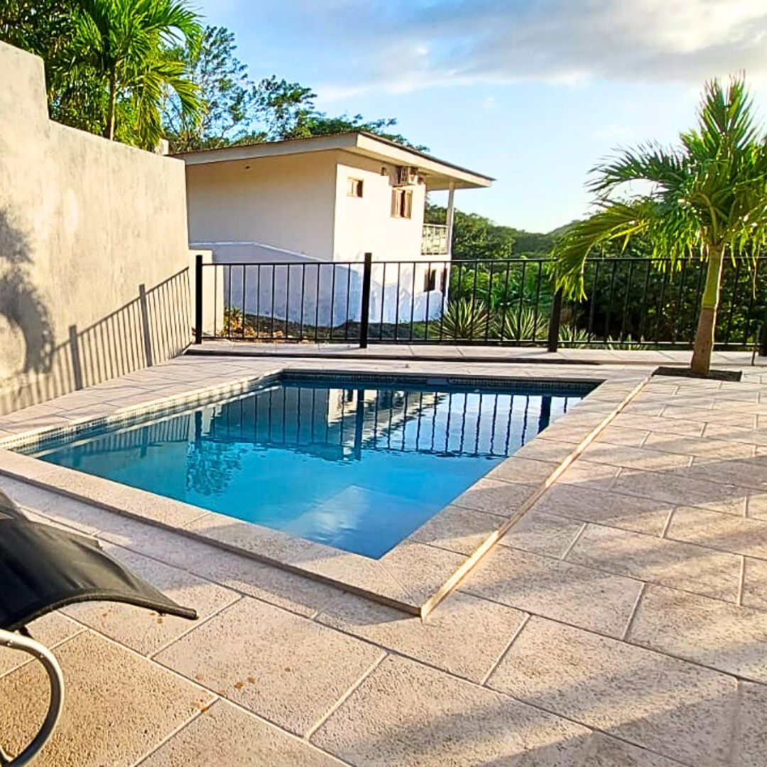 A backyard with a rectangular swimming pool, surrounded by beige stone tiles. There is a black fence in the background with tropical palm trees and greenery beyond. A small white house with a sloped roof and a balcony is visible in the distance. The 
