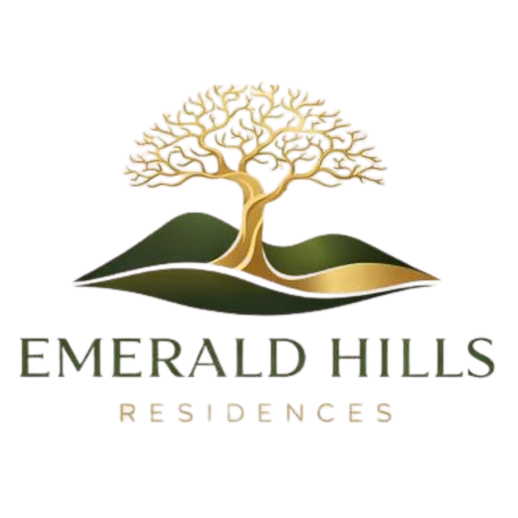 Logo with a beige coral tree illustration above the words 'Emerald Hills' in textured multicolored capital letters, with the phrase 'Residences' underneath.