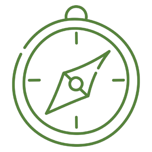 Green line drawing of a stopwatch or compass with a small loop on top and directional markers inside.