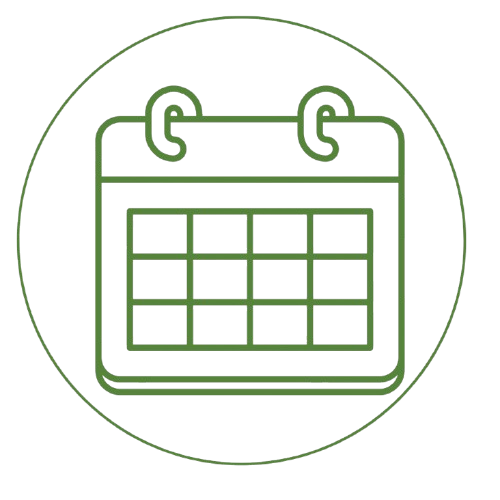 Green outline icon of a calendar within a circle on a black background.