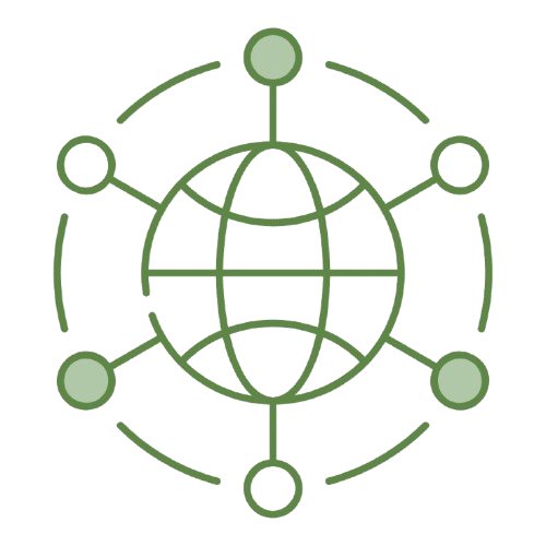 Icon of a globe surrounded by six connecting circles, representing global connectivity or networking.
