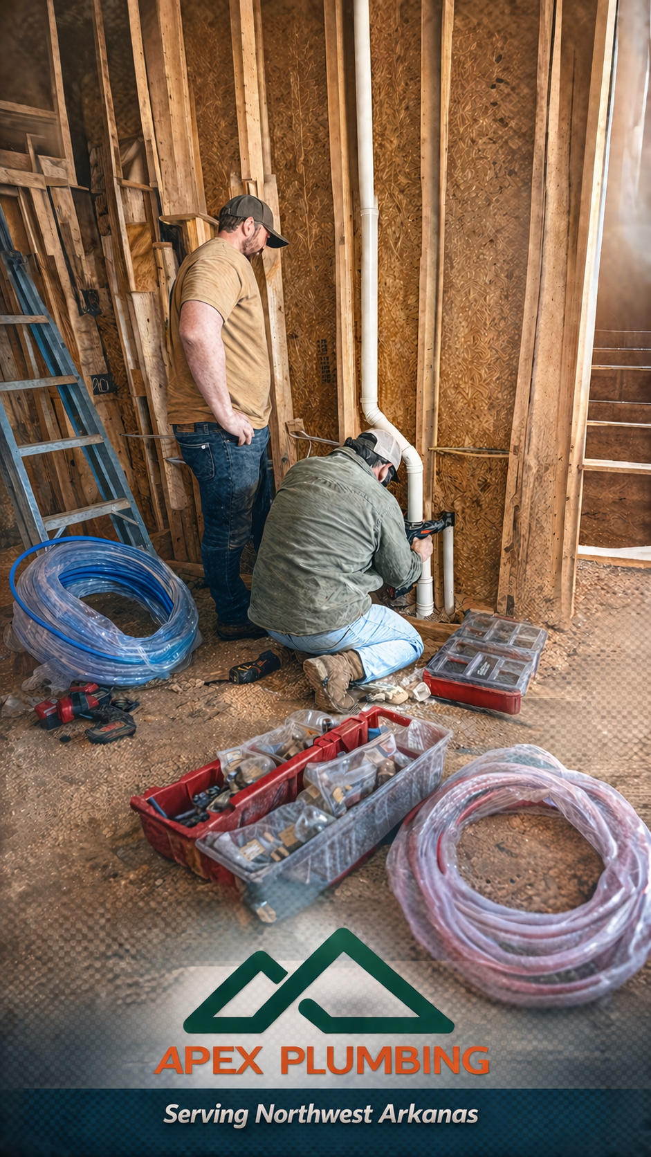 Two workers installing plumbing pipes inside a wooden framed wall, with one kneeling and working on a pipe, and the other standing and observing. Plumbing tools and supplies are scattered on the floor, including hoses, toolboxes, and power tools. The scene is at a construction site for a building in northwest Arkansas, with the logo 'Apex Plumbing' and the slogan 'Serving Northwest Arkansas' at the bottom.