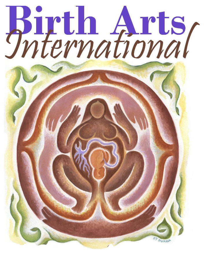 Illustration of a woman with an unborn baby in her womb, surrounded by abstract earthy-colored shapes and green tendrils, with the words 'Birth Arts International' written above.