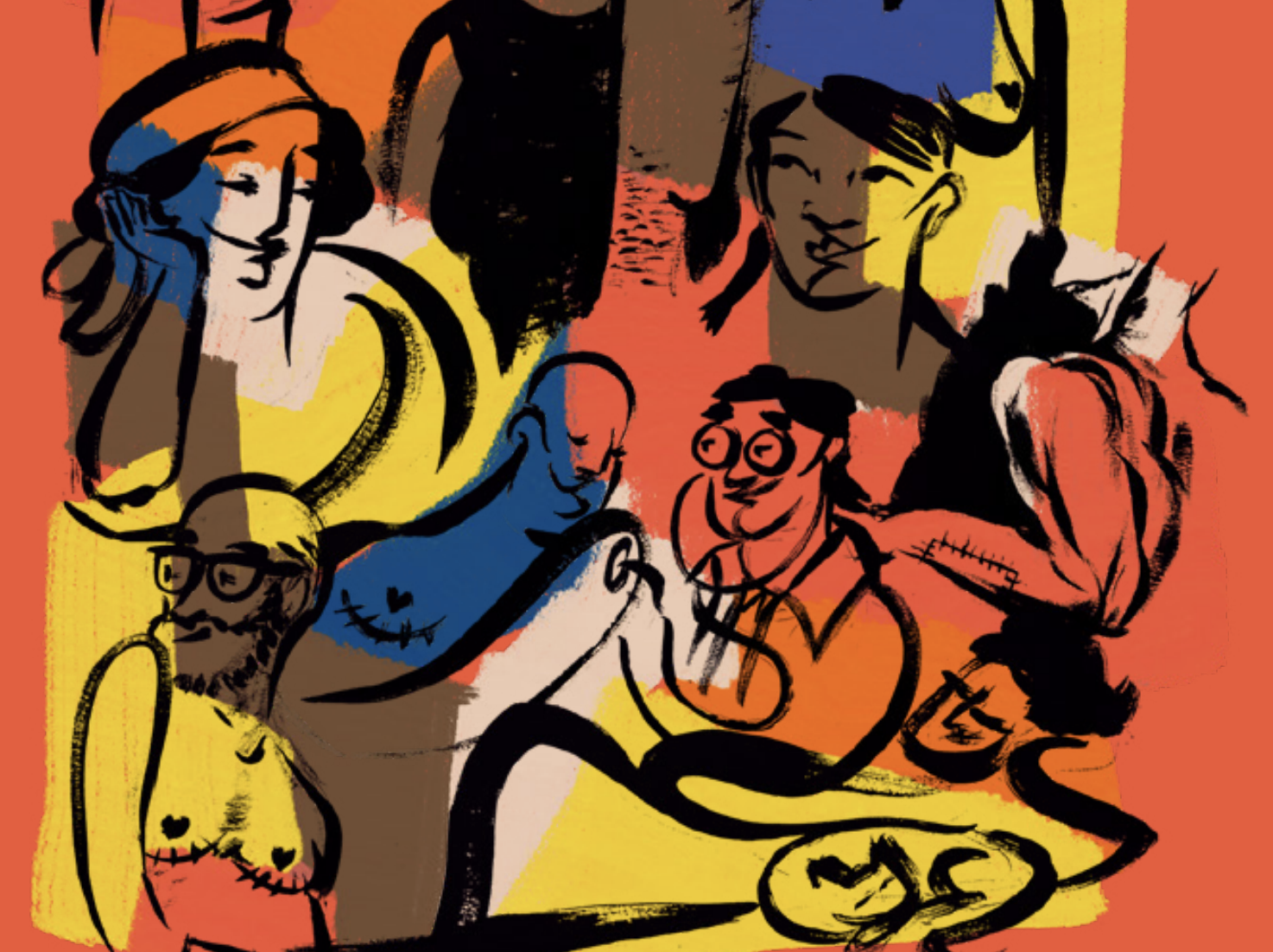 Cropped image of artwork from the QTHC Zine, people drawn with thick brush strokes and bold colours of orange, yellow, brown, and indigo.