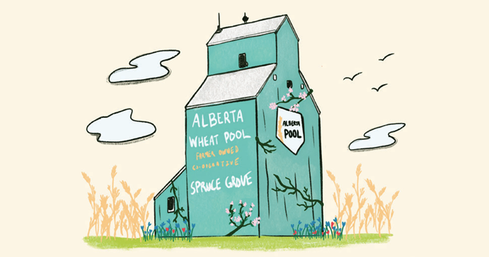 Alberta 2S/LGBTQ+ Connection: A Zine by and for Rural Folks — a hand drawn sketch of a wheat tower in rural Alberta