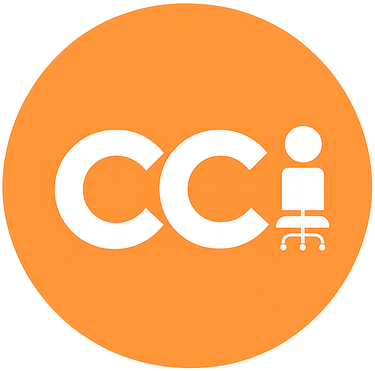 Orange circular logo with two large white 'C' letters and a white stylized figure sitting on a chair to the right.
