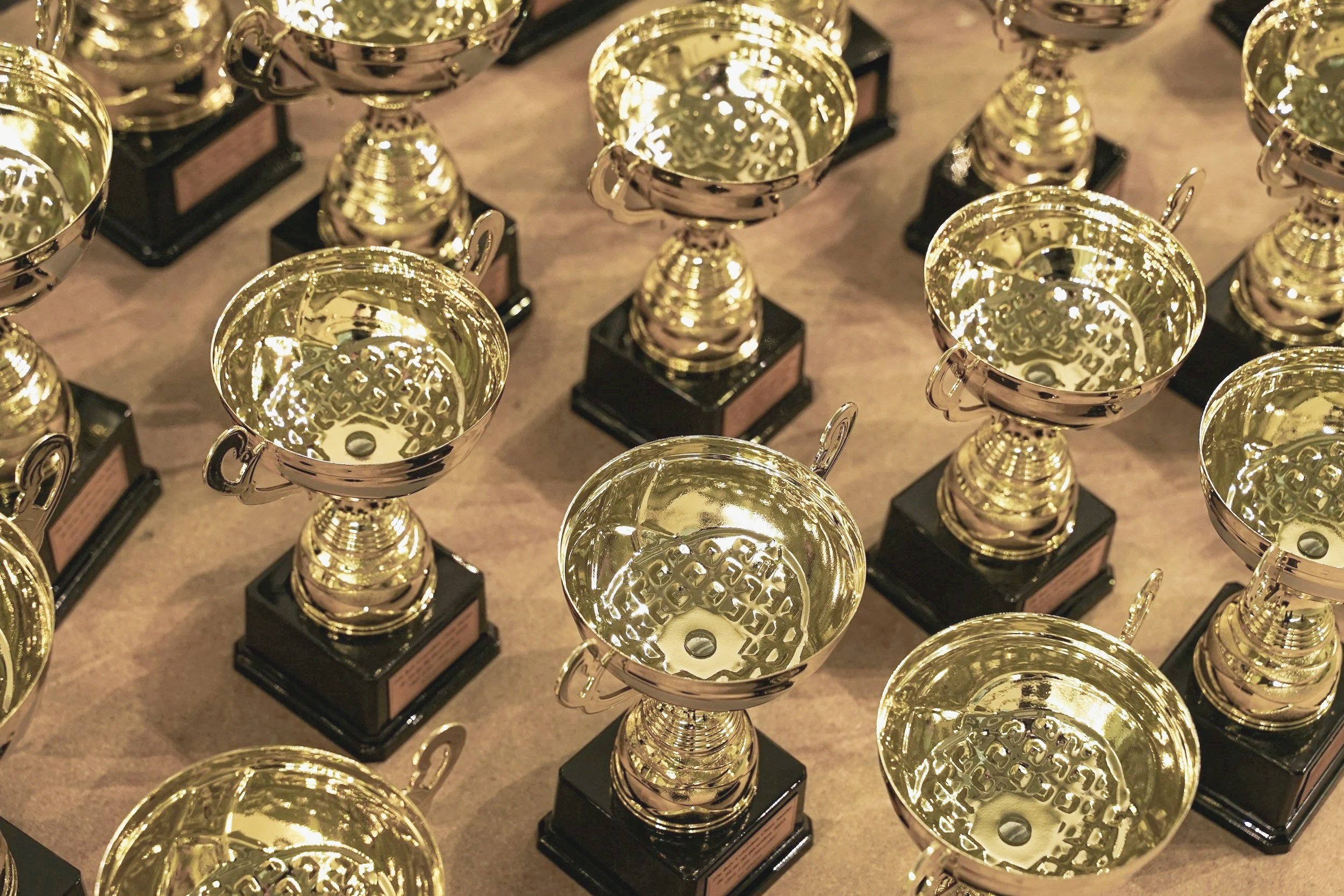 Multiple gold trophies are set out waiting to be awarded at an incentive trip.