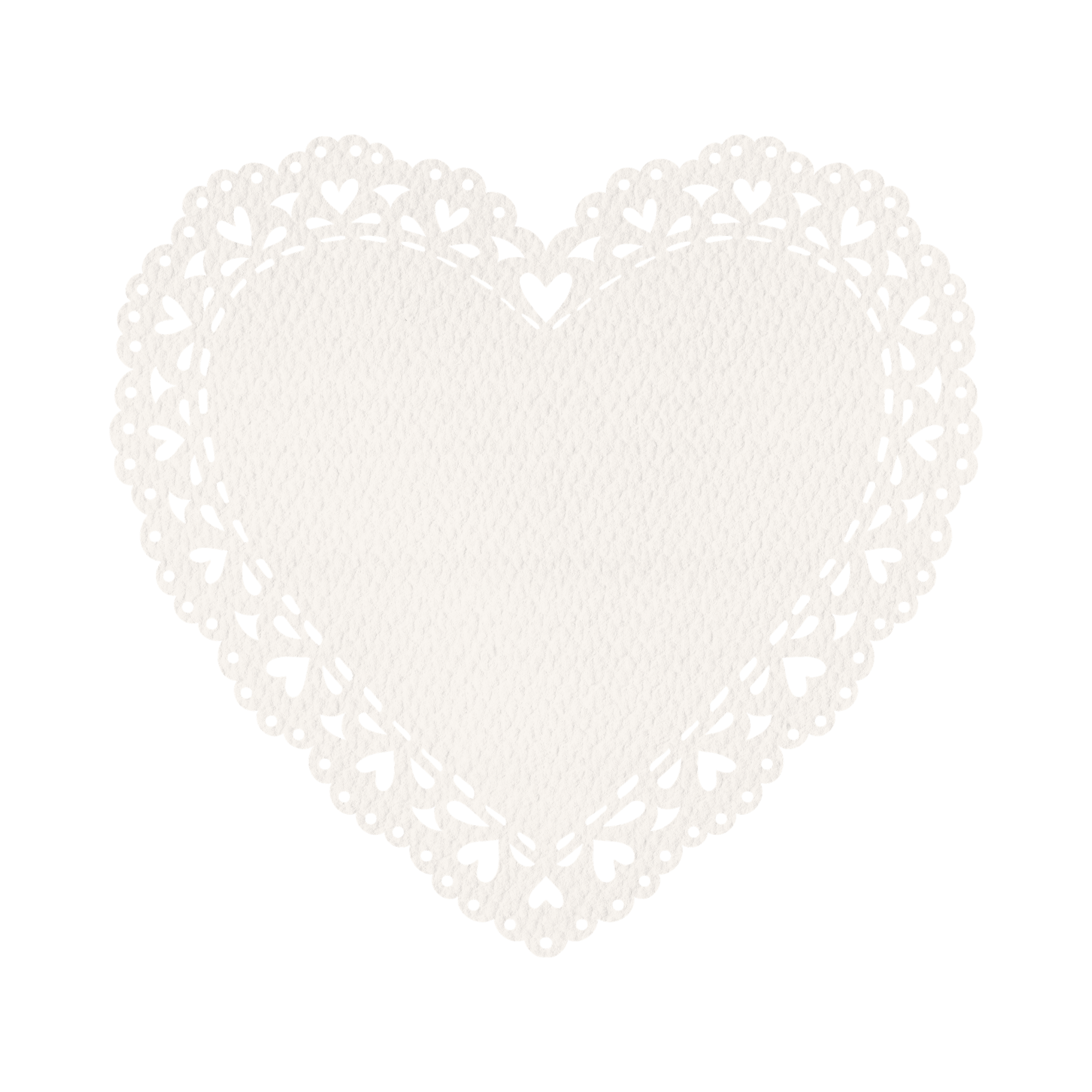 White lace heart-shaped doily with intricate heart patterns on a black background.