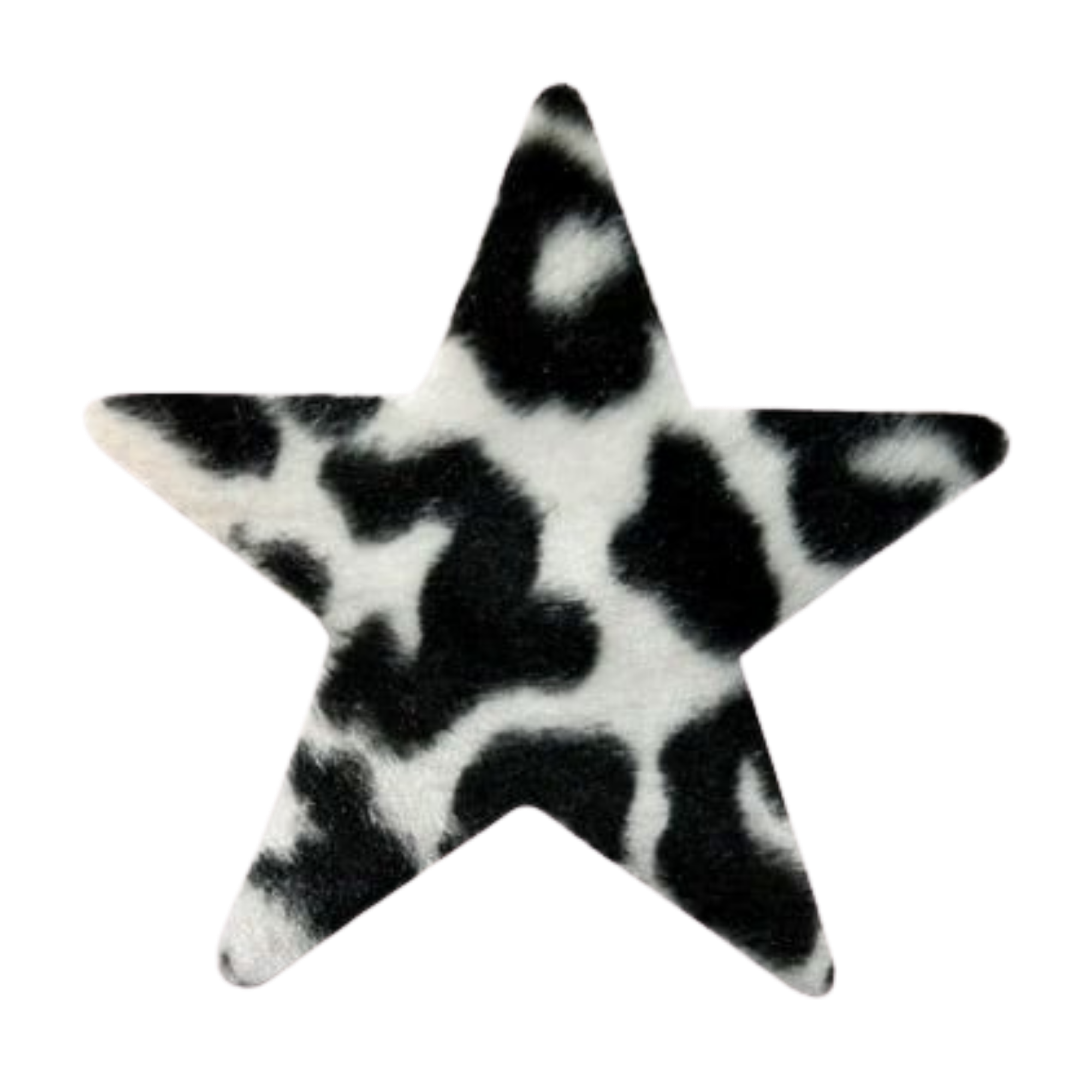 Star-shaped plush toy with black and white cow-print pattern.