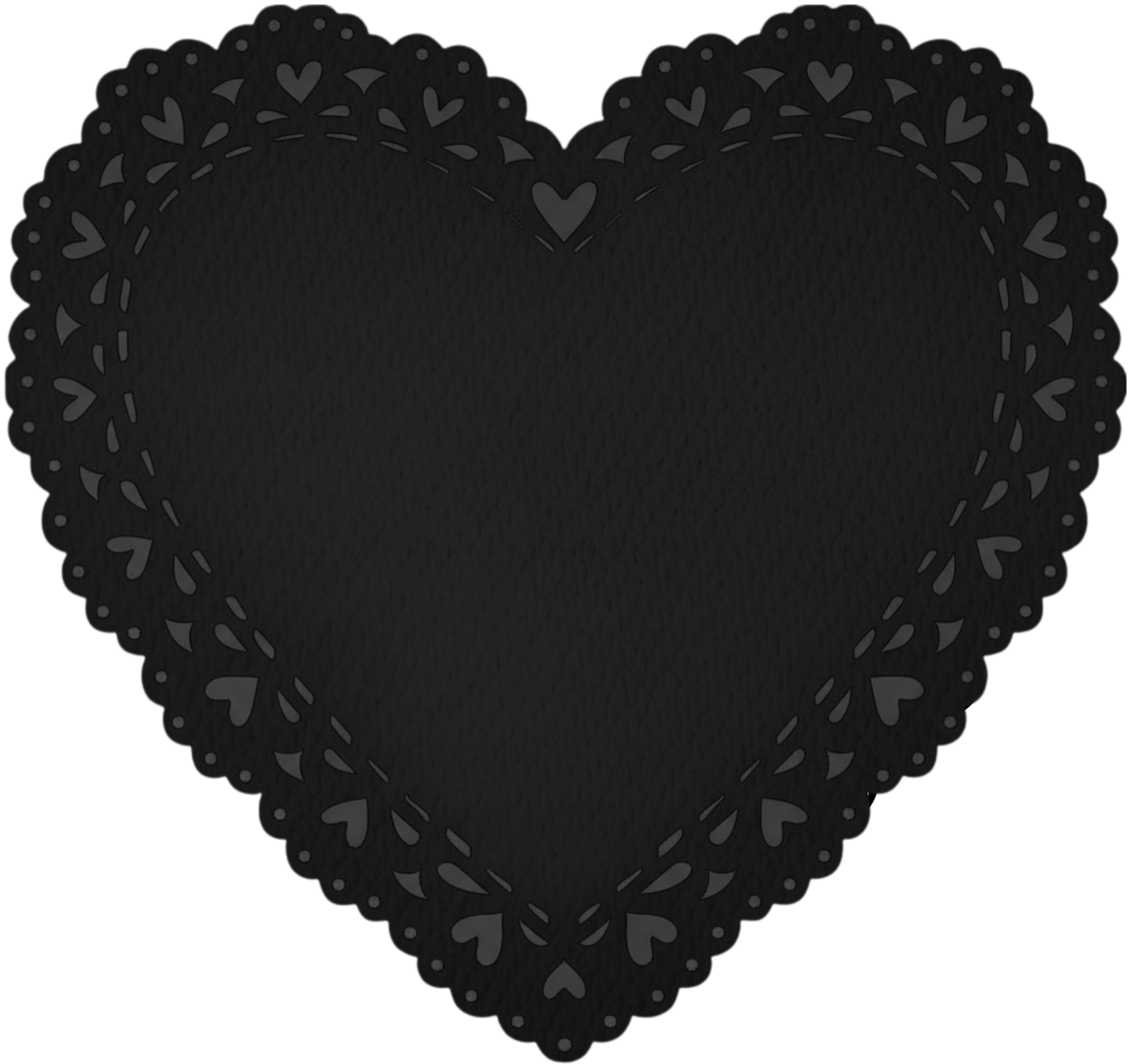 Black heart-shaped doily with intricate cut-out patterns of hearts and dots, set against a black background.