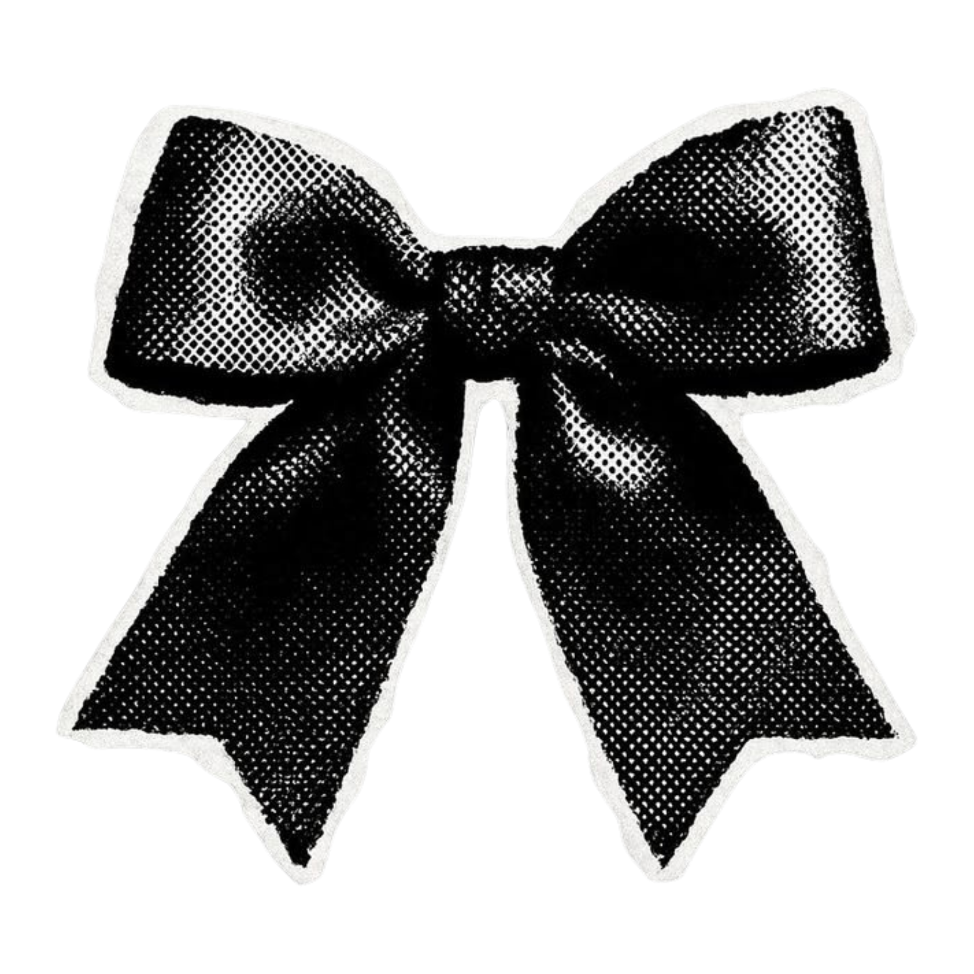 Black and white illustration of a bow with a textured, dotted pattern, outlined in white.