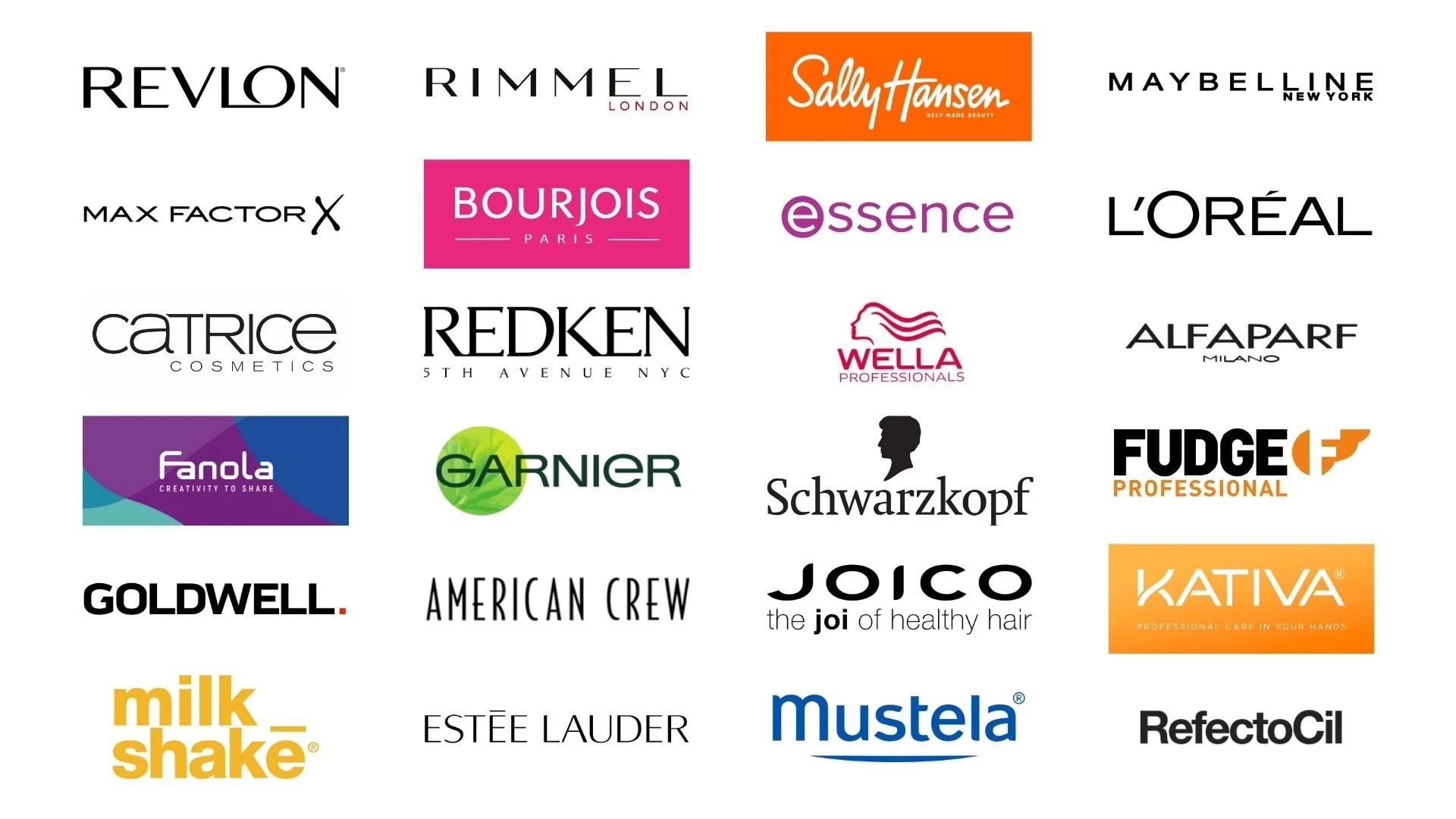 A collage of various brand logos, including Revlon, Rimmel, Sally Hansen, Maybelline, Max Factor, Bourjois, Essence, L'Oréal, Catrice, Redken, Wella, Alfaparf, Fanola, Garnier, Schwarzkopf, Fudge, Goldwell, American Crew, Joico, Kativa, Milk Shake, Estée Lauder, Mustela, and RefectoCil.