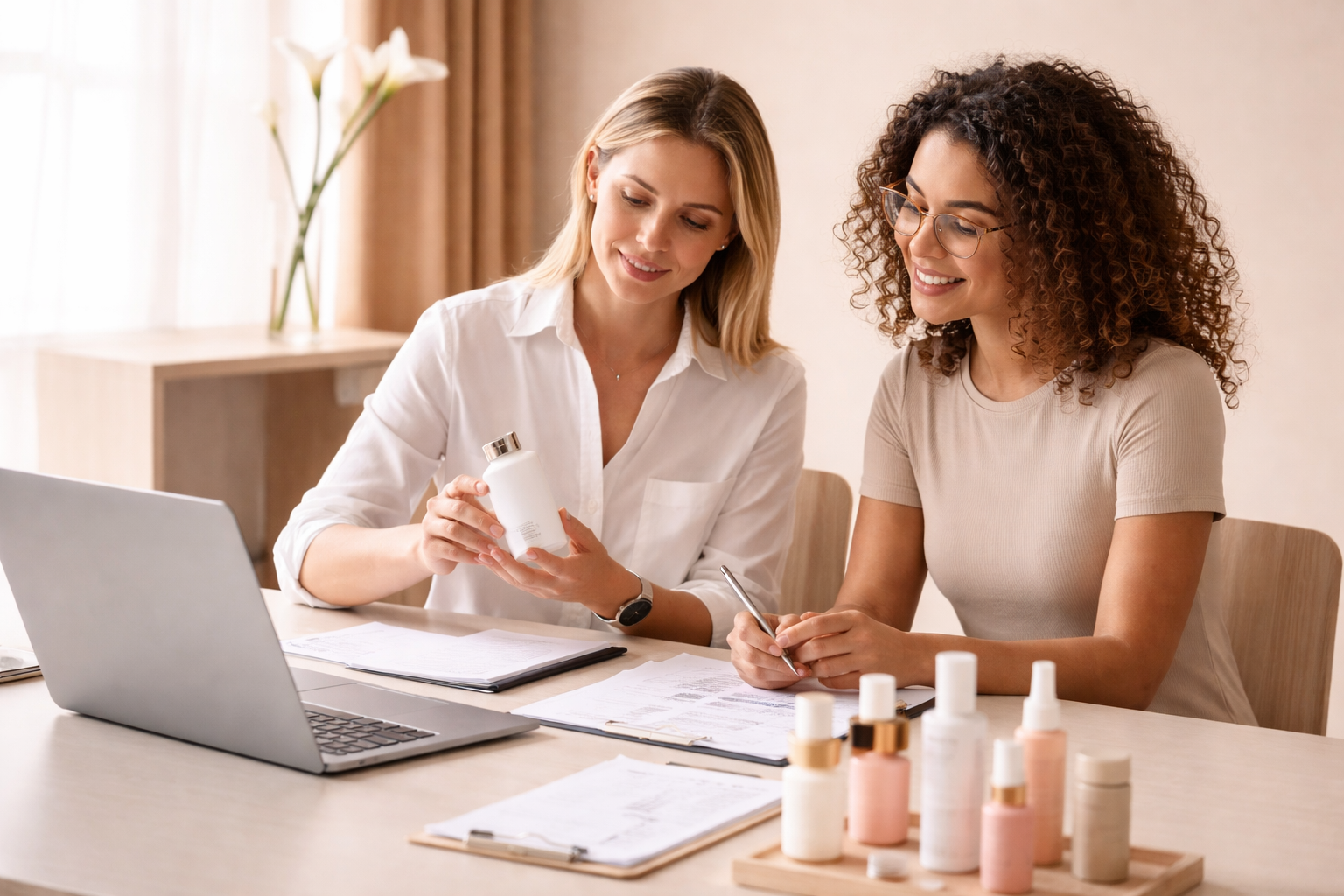 Two women sitting at a table with skincare products, discussing a bottle, with a laptop and papers.